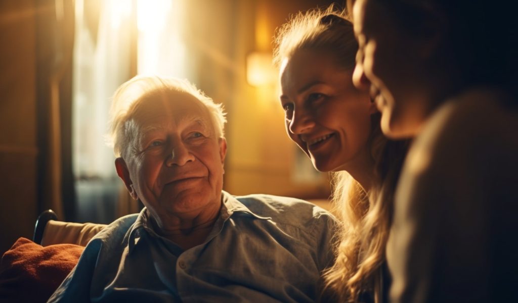 Senior adults embracing, smiling in sunlight outdoors generated by artificial intelligence